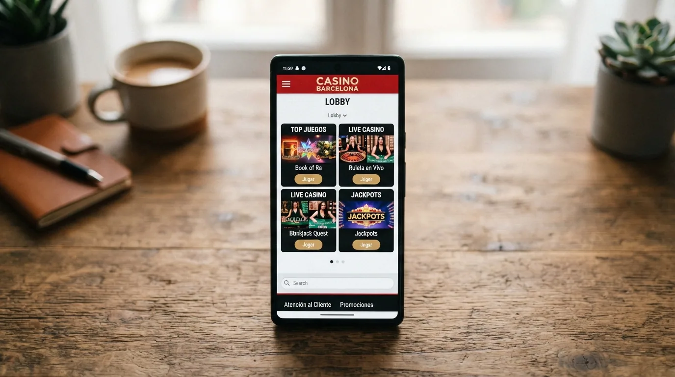 Casino Barcelona abierto en el navegador de un teléfono móvil mostrando el lobby de juegos responsive