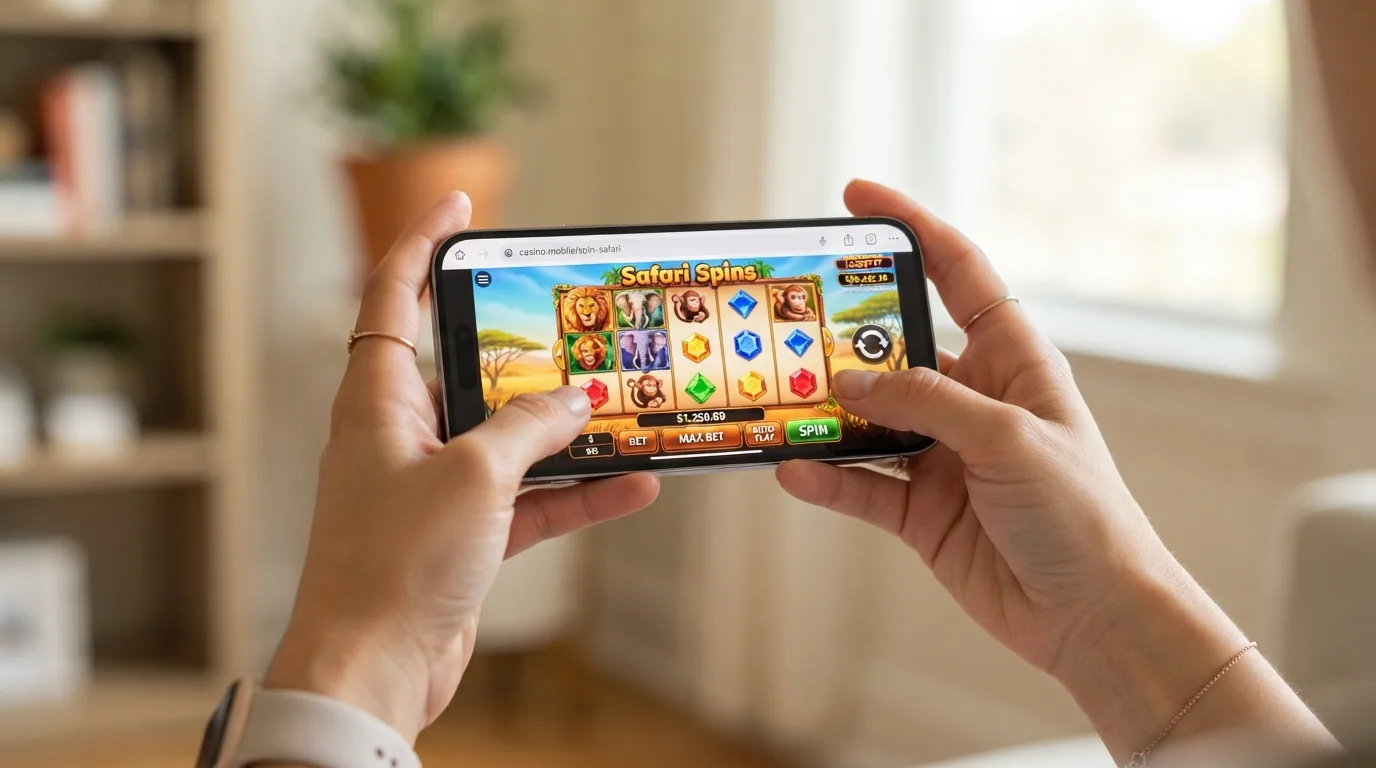 Un teléfono móvil en horizontal mostrando una tragaperras a pantalla completa en el navegador Chrome, sin interfaz de app ni botón de instalar