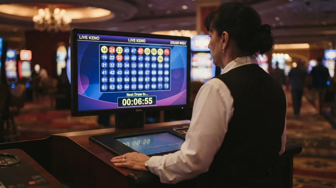Un crupier de casino en vivo junto a una pantalla que muestra un sorteo de keno en tiempo real