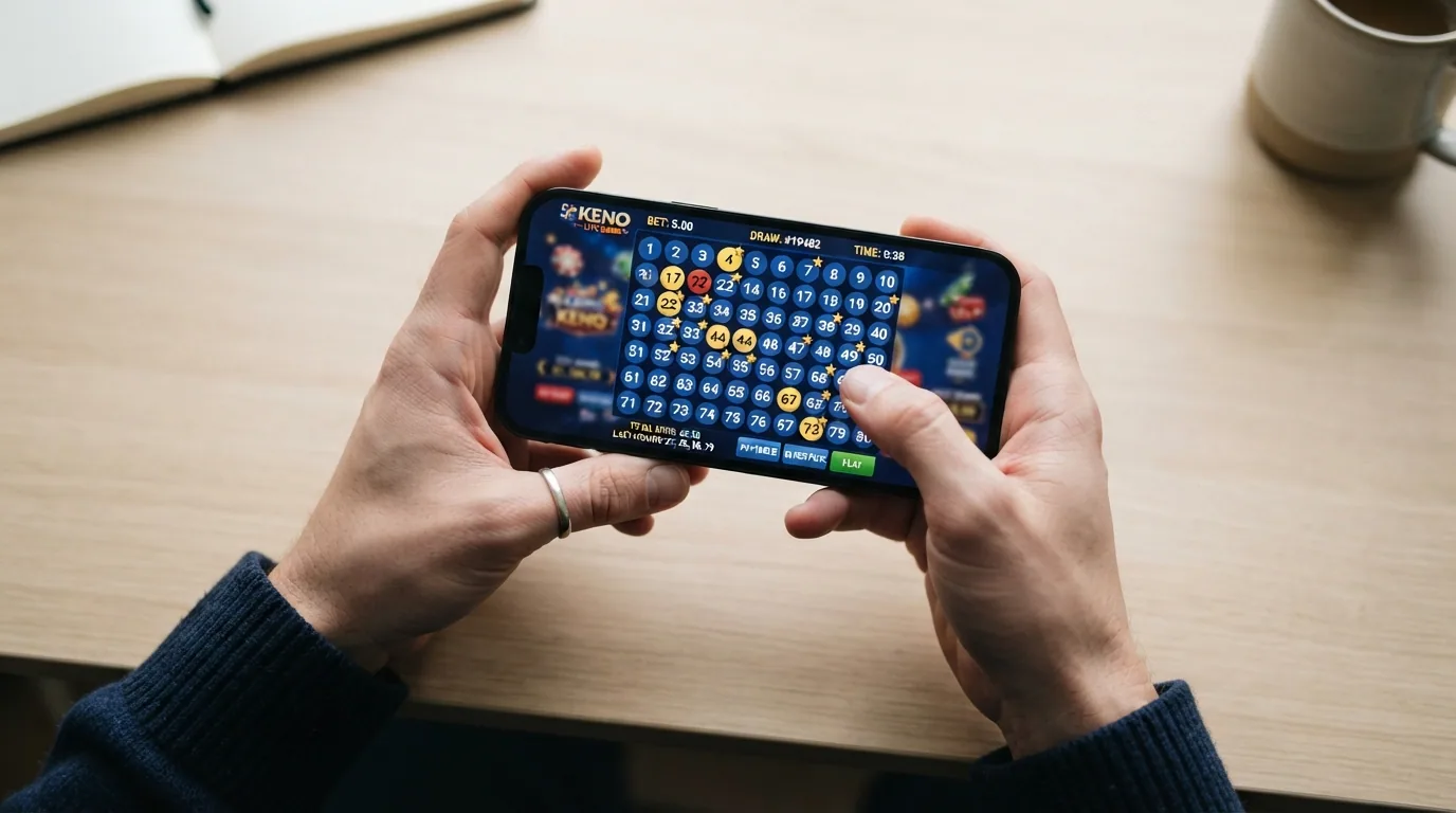 Un teléfono en horizontal mostrando una partida de keno en curso con la cuadrícula de números y los aciertos resaltados