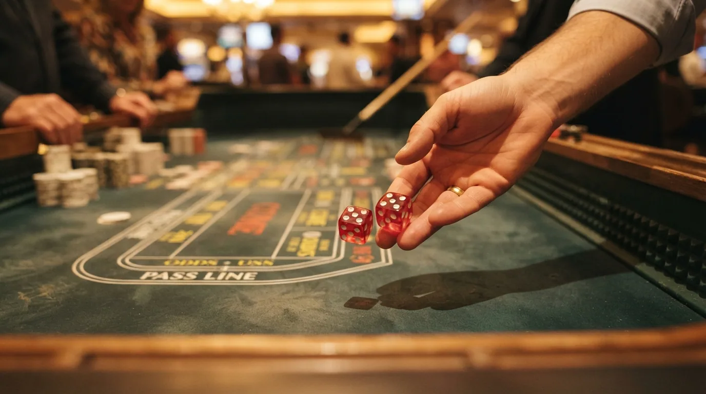Mano a punto de soltar dos dados rojos sobre una mesa de craps con el borde acolchado visible