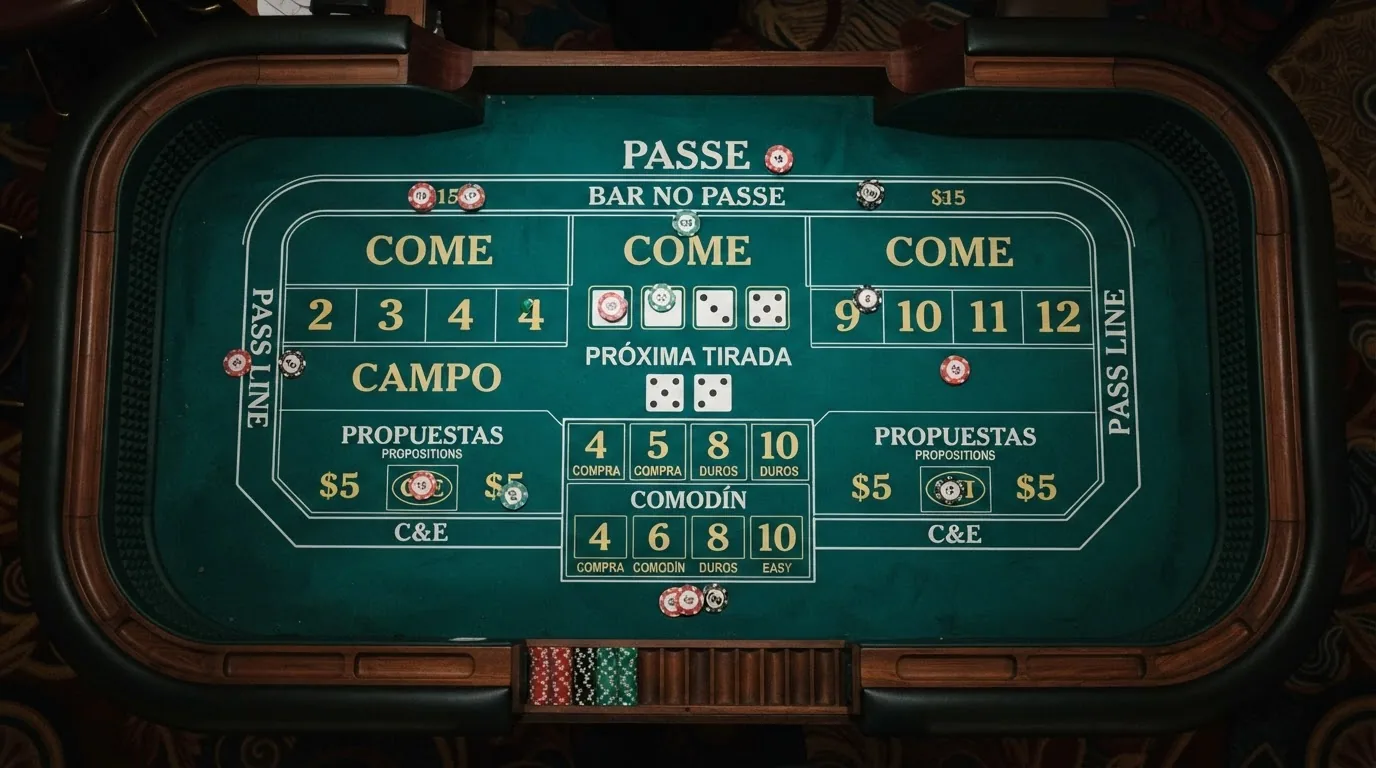 Diagrama del tapete de una mesa de craps con las zonas de apuesta etiquetadas en español
