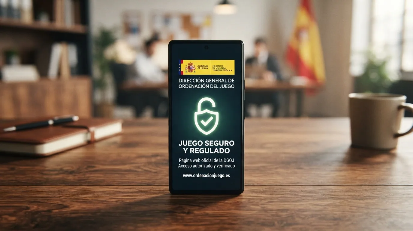 Un móvil con el icono de un candado abierto sobre la pantalla de una app de casino, junto al logotipo de la DGOJ