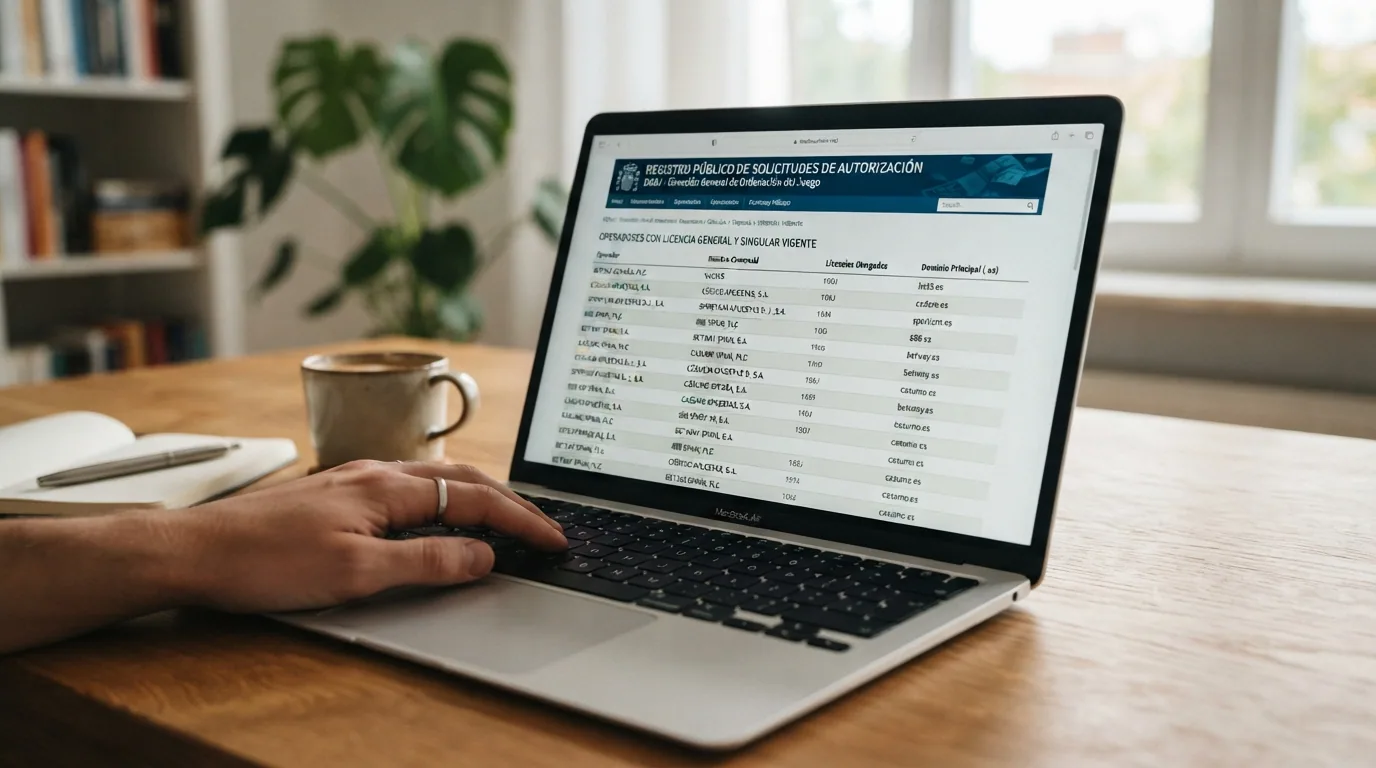 Captura del registro público de operadores con licencia en la web de la DGOJ (ordenacionjuego.es) mostrando el listado de operadores autorizados con dominio .es