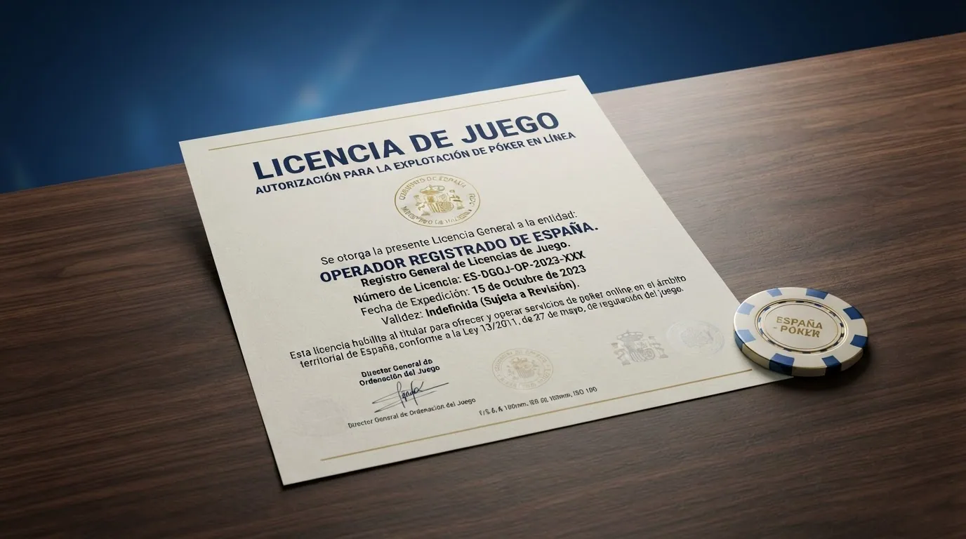 Documento de licencia DGOJ sobre una mesa de poker con fichas, un ordenador mostrando el dominio .es y el escudo del Ministerio de Consumo
