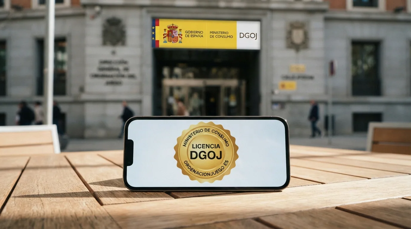 El edificio de la DGOJ en Madrid con el escudo institucional visible; superpuesto, el texto «ordenacionjuego.es» y el icono del RGIAJ.