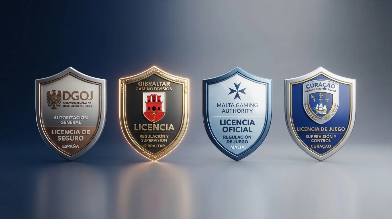 Cuatro escudos dispuestos en fila con las siglas DGOJ, Gibraltar, MGA y Curazao, cada uno con un nivel de brillo distinto según su exigencia regulatoria