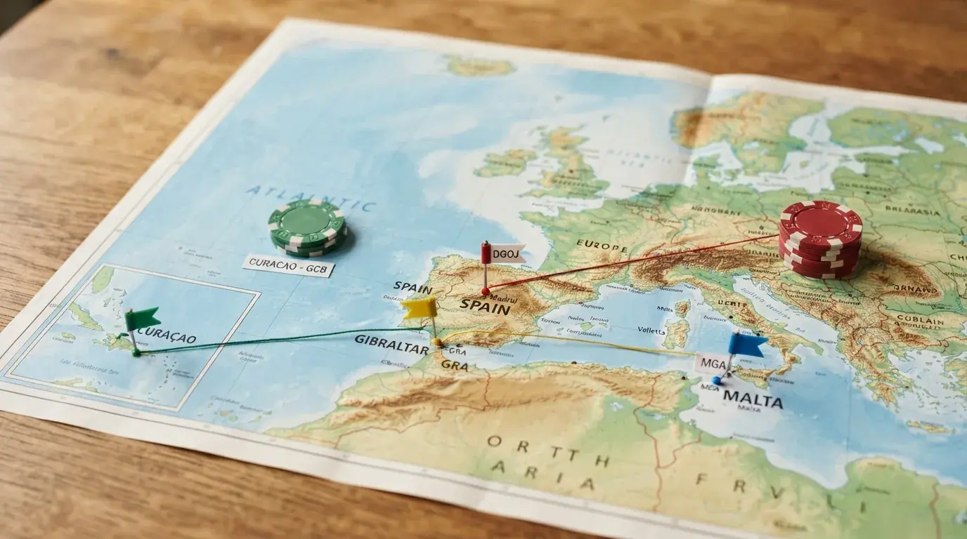 Mapa de Europa con cuatro pines sobre España (DGOJ), Malta (MGA), Gibraltar (GRA) y Curaçao (GCB), cada uno conectado por una línea de distinto color a un icono de casino