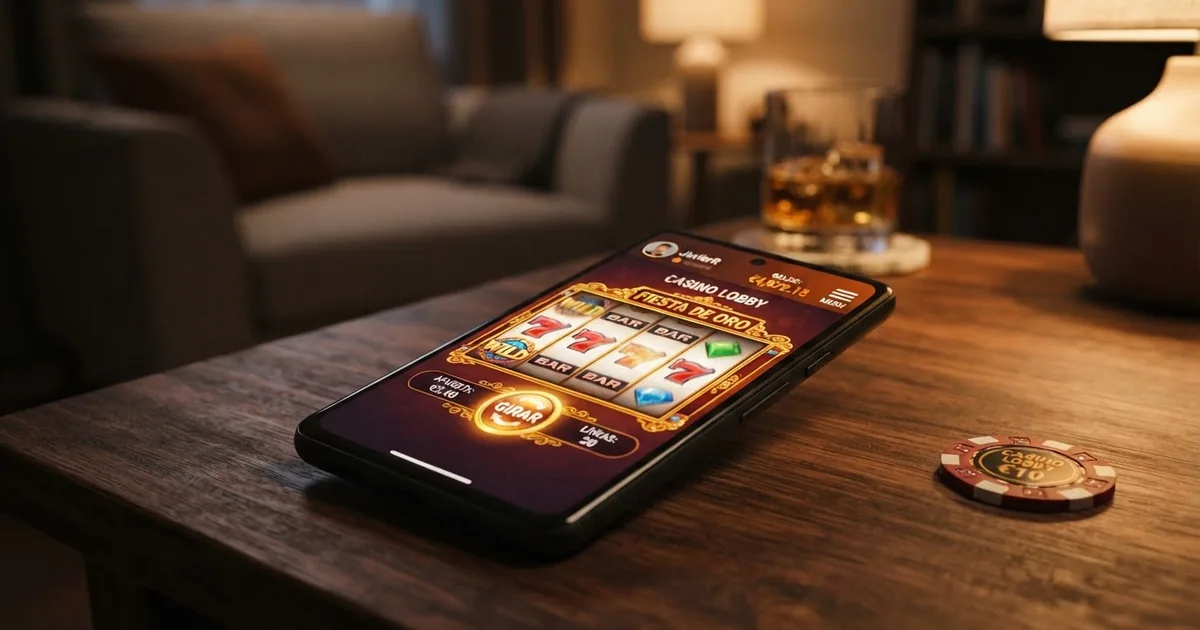 Pantalla de un teléfono móvil mostrando la interfaz de una app de casino online con dinero real en español, con juegos de tragaperras visibles y el saldo en euros