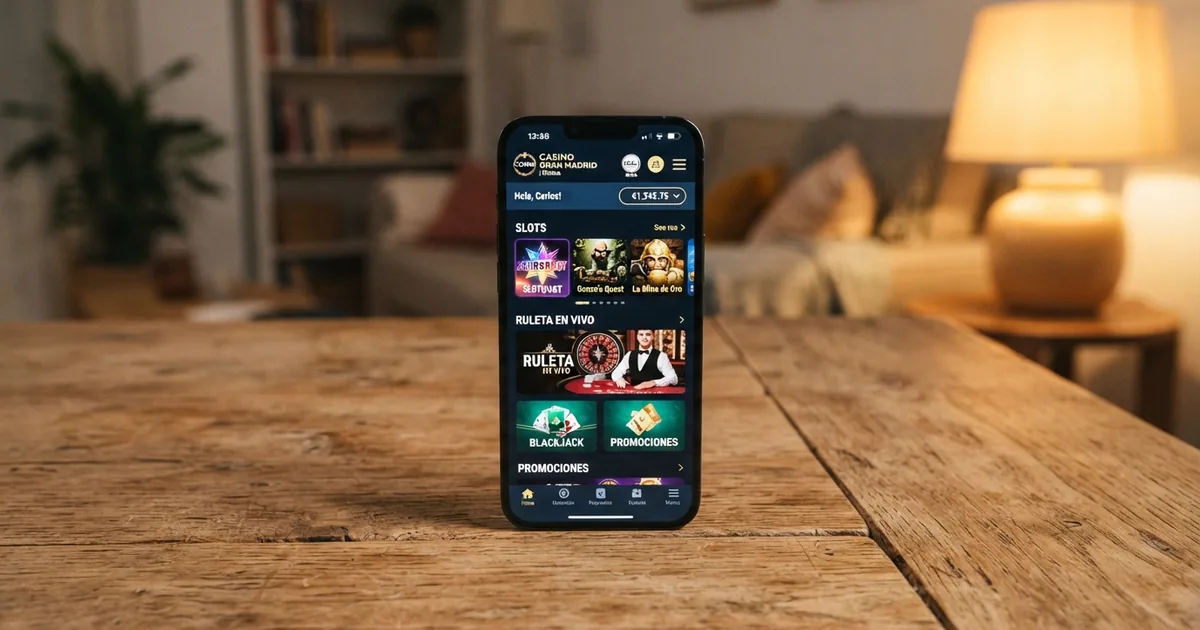 Un móvil en primer plano con la pantalla de inicio de una app de casino española y, al fondo, un entorno doméstico con luz cálida