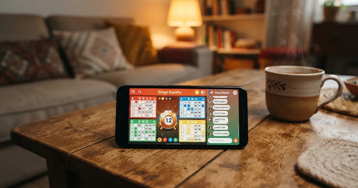 Pantalla de un ordenador mostrando una sala de bingo virtual con cuatro cartones activos, el bombo de extracción en el centro y el chat de jugadores en el lateral