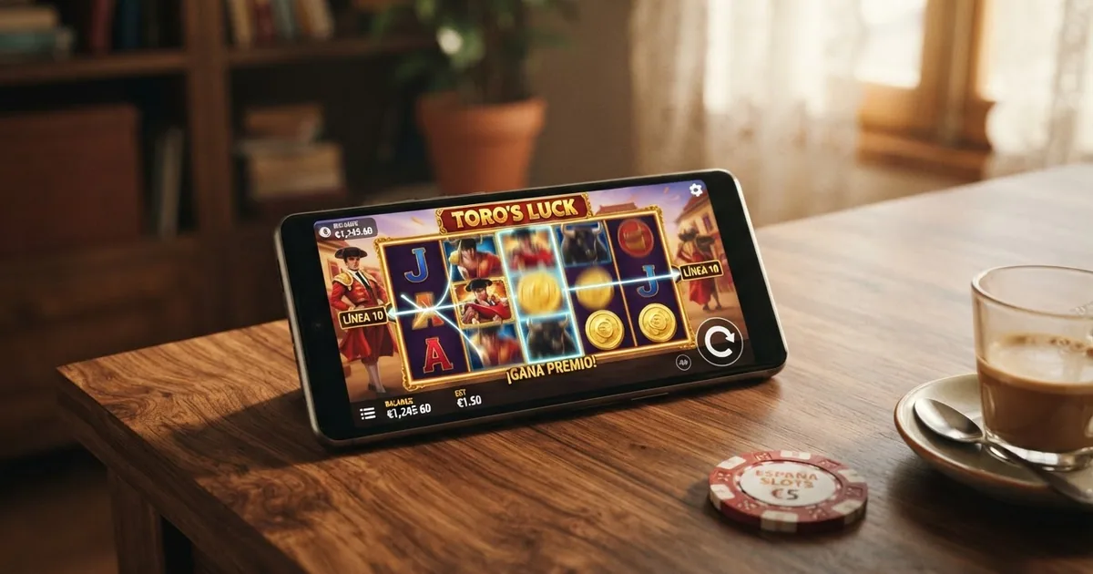 Pantalla de una tragamonedas online con sus rodillos, líneas de pago y panel de apuesta visibles