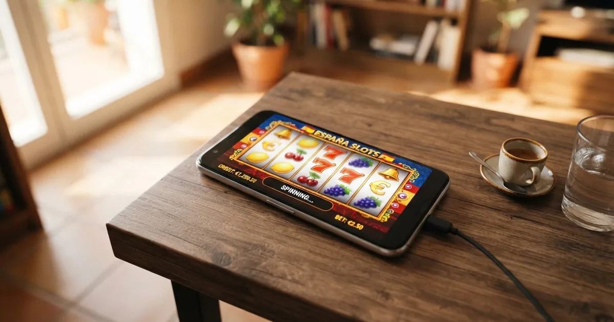 Pantalla de un casino online español con una tragaperras en primer plano, los rodillos activos y el saldo visible en euros