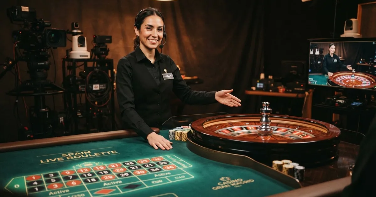 Un crupier real de pie ante una mesa de ruleta en vivo en un estudio iluminado, con varias cámaras apuntando a la rueda y una pantalla mostrando las apuestas de los jugadores conectados