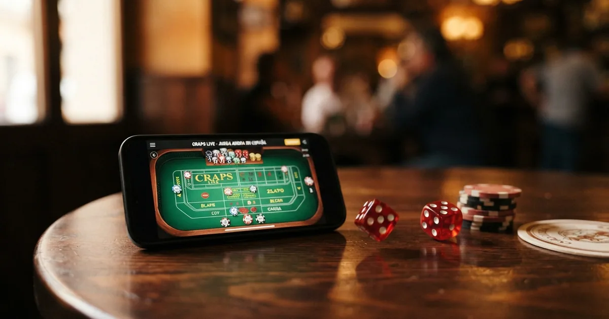 Mesa de craps con dados rojos y fichas sobre tapete verde, fondo de casino online en una pantalla