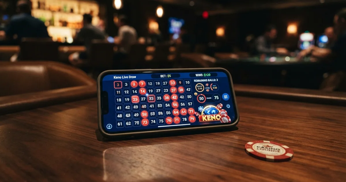 Una pantalla de casino online mostrando una partida de keno con números seleccionados y el sorteo en curso sobre un fondo oscuro con interfaz de casino