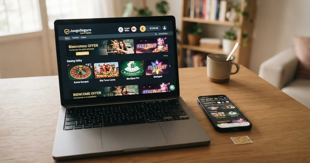 Escritorio con ordenador y móvil mostrando la página de inicio de un casino online con el sello de la DGOJ visible en el pie