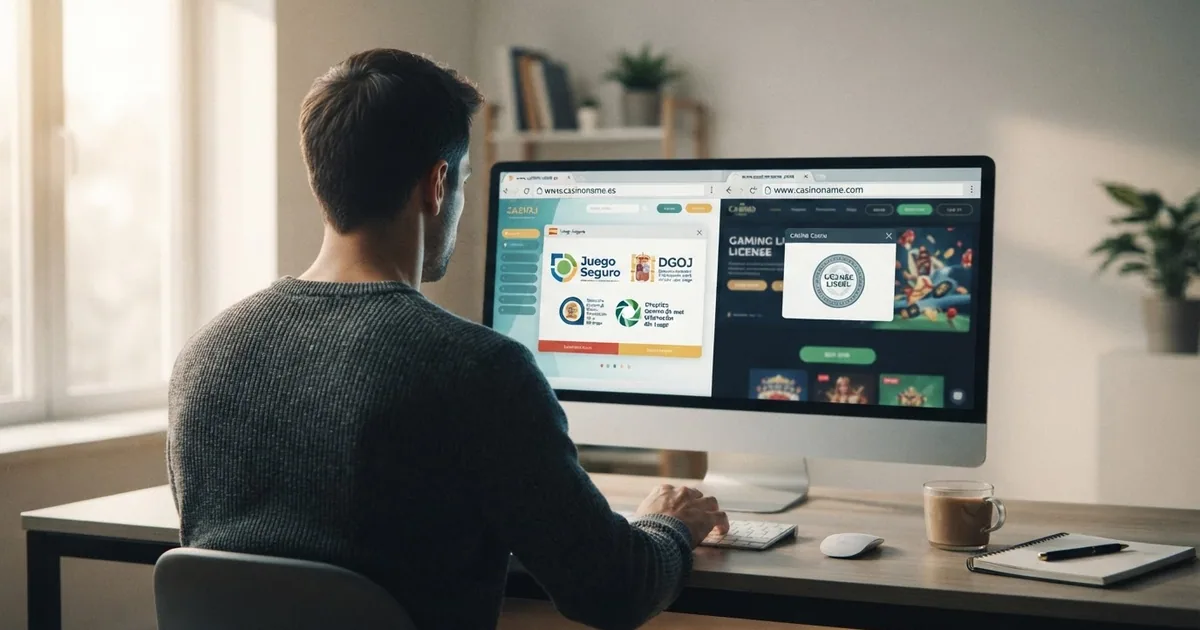 Un jugador frente a una pantalla con dos interfaces de casino contrastadas: una con el dominio .es y la otra con un dominio internacional, separadas visualmente por una línea que representa la frontera regulatoria