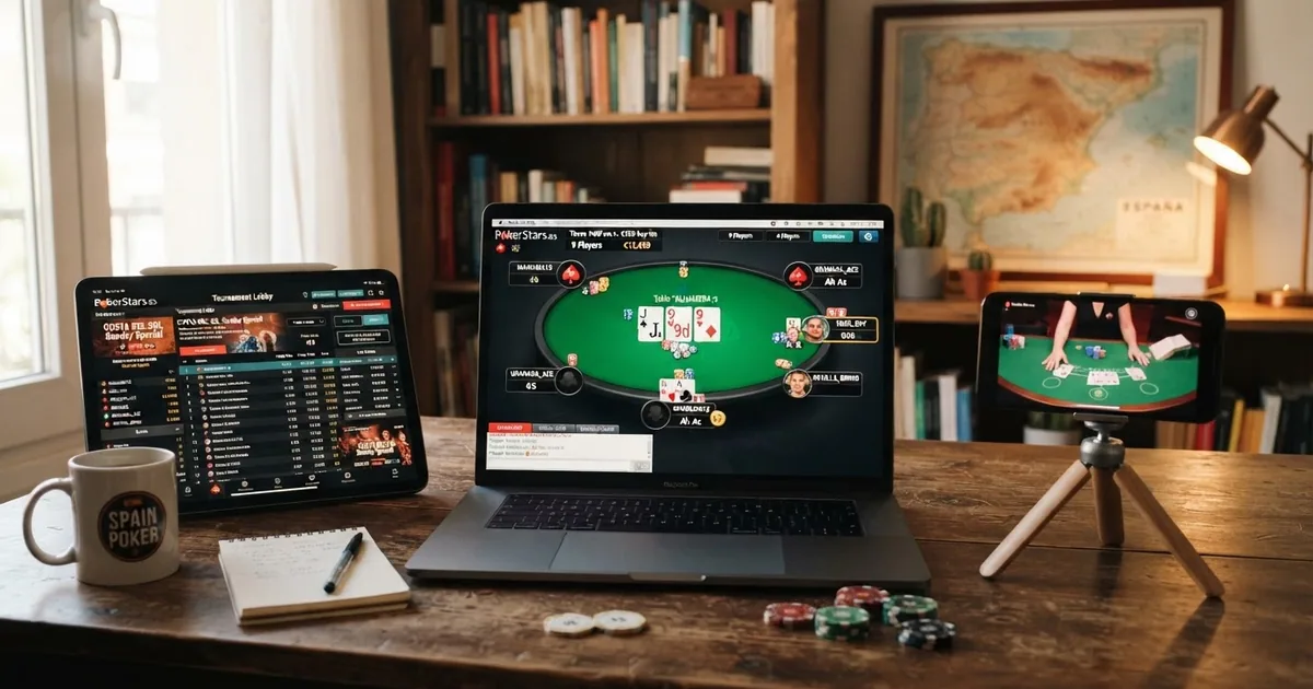 Mesa de poker online con varias ventanas activas mostrando cartas, fichas virtuales y la interfaz de un casino con licencia española