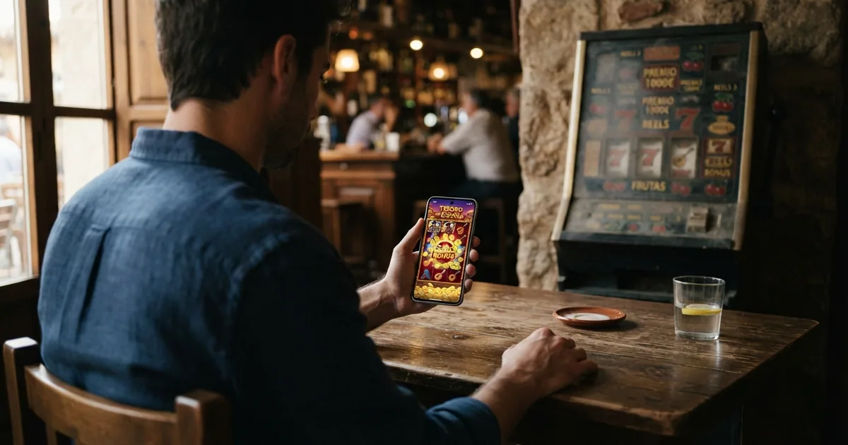 Un jugador sostiene un móvil con una slot de vídeo de 5 rodillos en la pantalla; al fondo, una máquina de bar apagada y fuera de servicio.