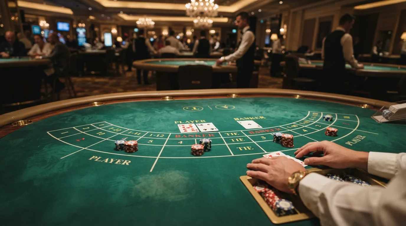 Vista cenital de una mesa de baccarat con las zonas de apuesta de Punto, Banco y Empate, cartas dispuestas y fichas de colores