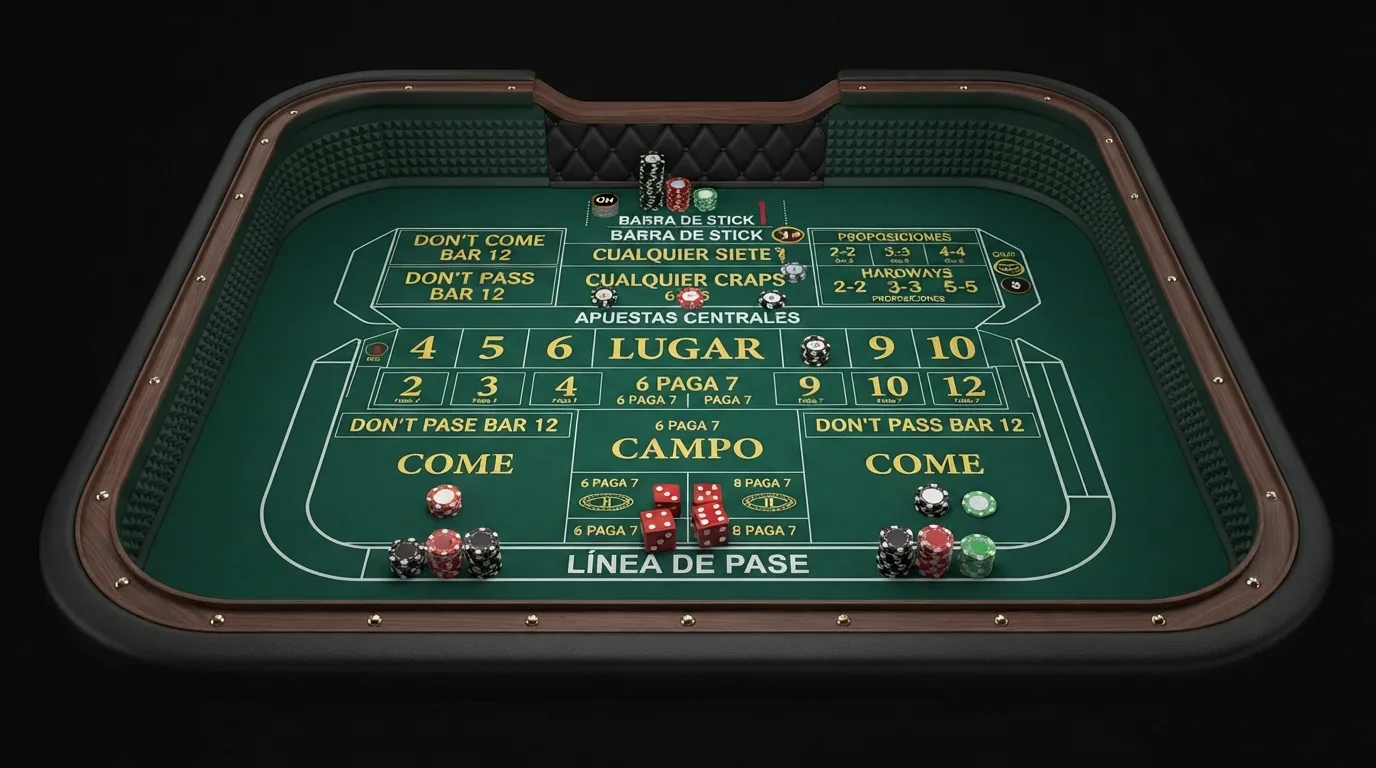 Diseño completo del tapete de craps con las zonas de apuesta rotuladas — línea de pase, campo, lugar y apuestas centrales