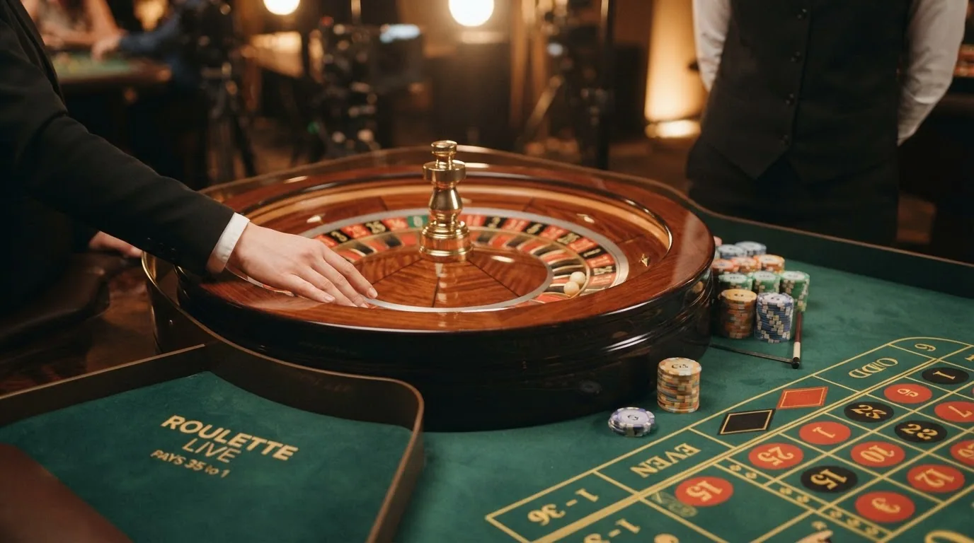 Mesa de ruleta en vivo con crupier hispanohablante, primer plano del paño y la bola en movimiento, estudio profesional al fondo