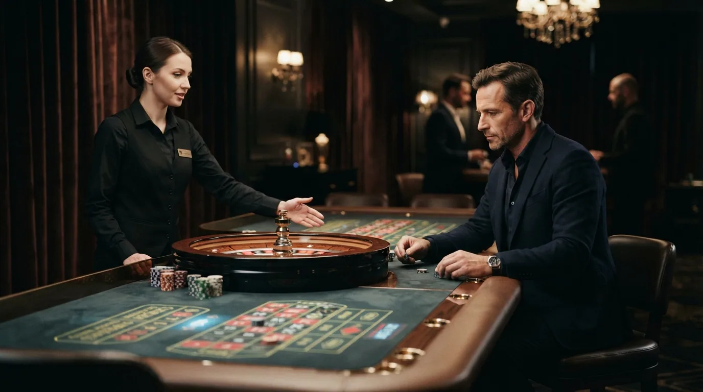 Un salón privado de casino en vivo con un solo jugador ante una mesa de ruleta atendida por un crupier dedicado, sin otros jugadores en pantalla y con iluminación tenue