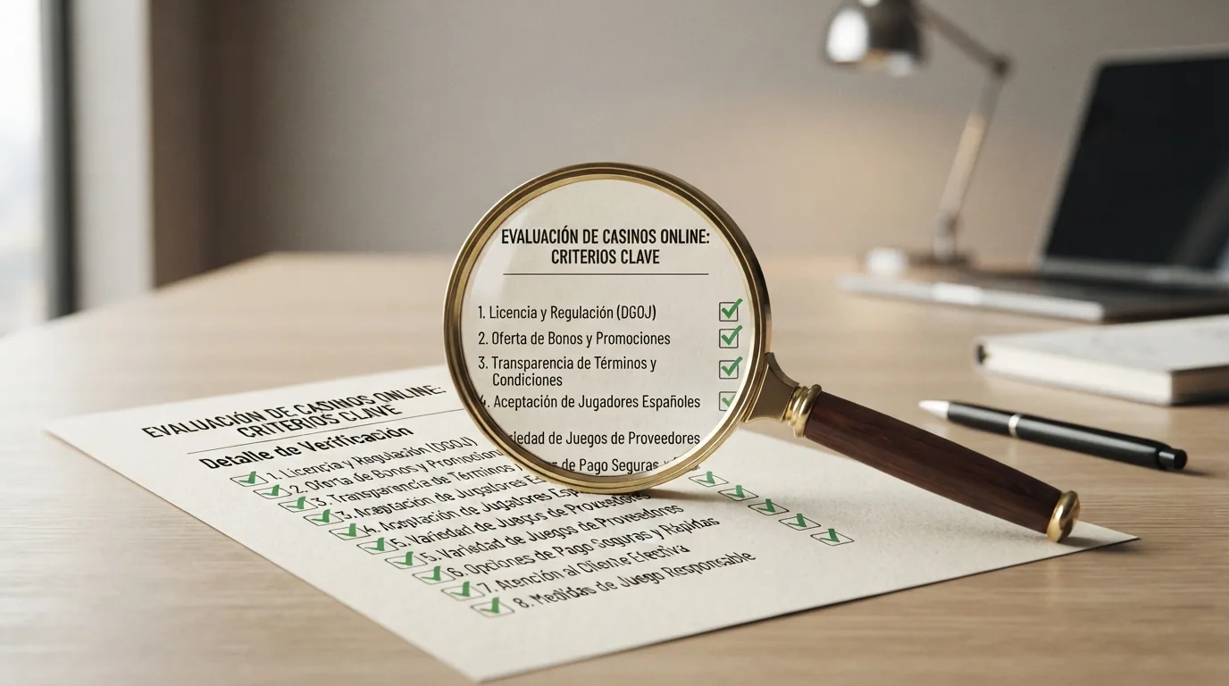 Una lupa sobre una lista de criterios — licencia, bono, transparencia de términos, aceptación de jugadores españoles — con marcas de verificación junto a cada uno