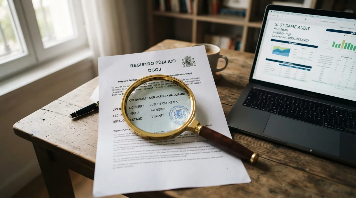 Representación visual del proceso de verificación: una lupa sobre el registro público de la DGOJ en ordenacionjuego.es, fichas técnicas de slots y documentos oficiales de la Agencia Tributaria.