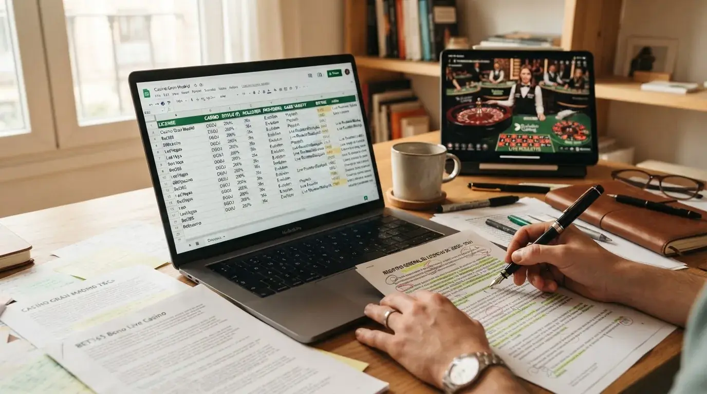 Escritorio con pantalla mostrando el registro de la DGOJ, términos de bono resaltados y una tabla comparativa en construcción