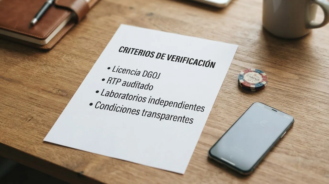 Lista de verificacion con los criterios de evaluacion: licencia DGOJ, RTP auditado, laboratorios independientes y condiciones de bono transparentes