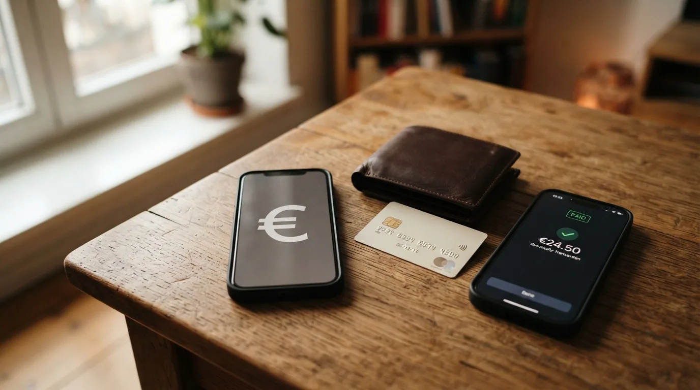Cartera, móvil con la app de Bizum abierta, tarjeta bancaria y teclado de ordenador dispuestos sobre una mesa