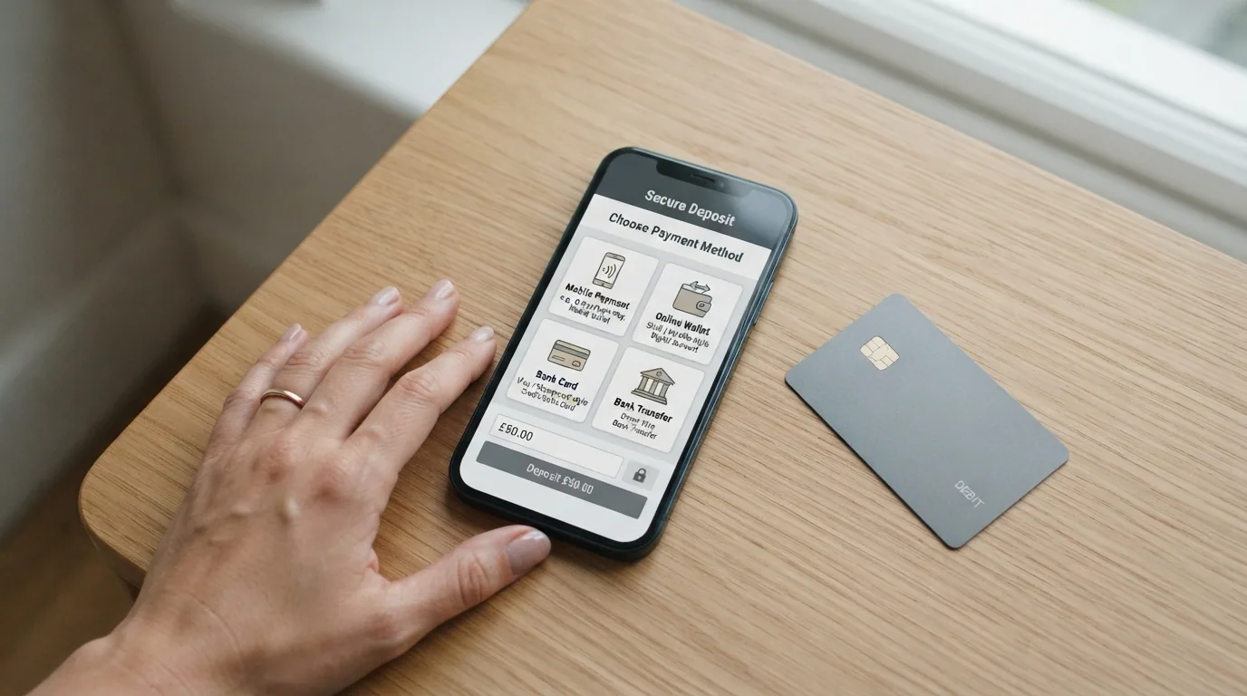 Un teléfono mostrando la pantalla de depósito de un casino online español con los iconos de Bizum, PayPal, Visa y transferencia