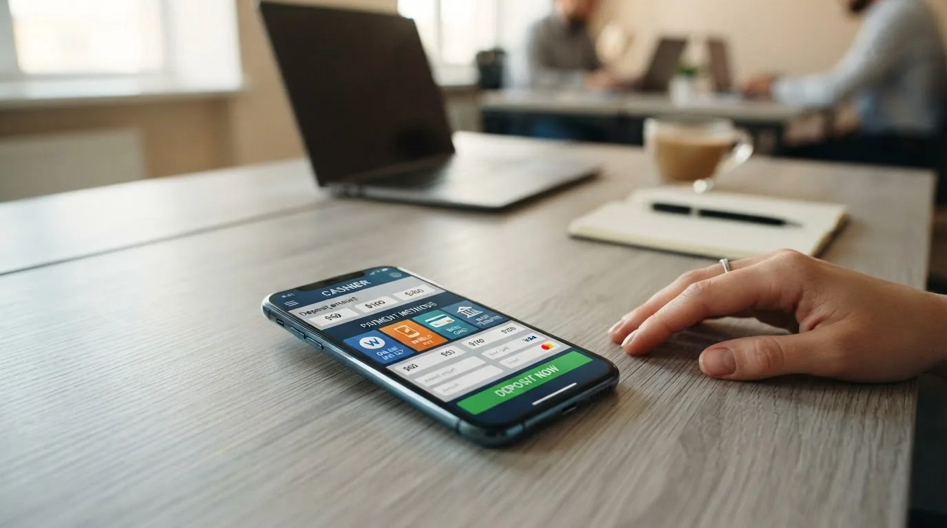 Mosaico con los logotipos de PayPal, Bizum, Visa y transferencia bancaria sobre el fondo de la pantalla de cajero de una app de casino