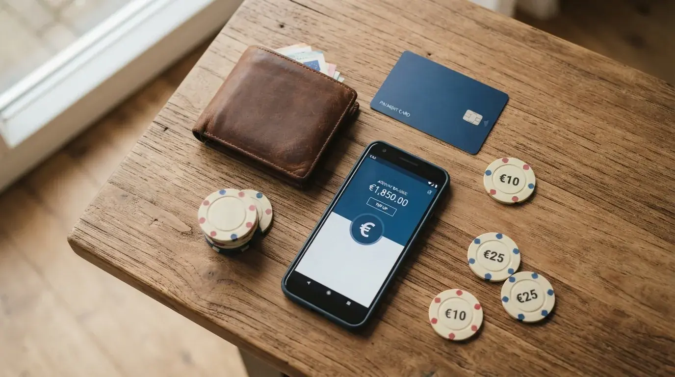 Cartera, tarjeta bancaria, móvil con app de pago y monedas sobre una mesa