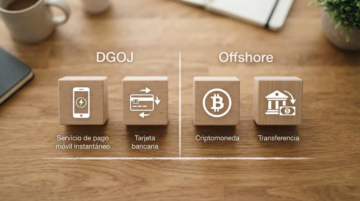 Composición visual con los iconos de los principales métodos de pago — Bizum, tarjeta, criptomonedas, transferencia — divididos por una línea que separa los aceptados en casinos DGOJ de los exclusivos del offshore.