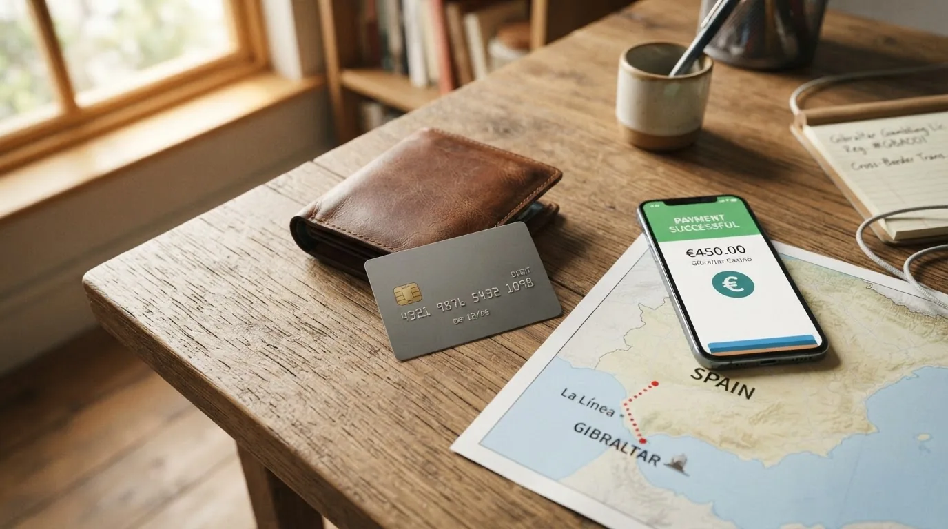Cartera, tarjeta bancaria, teléfono con Bizum y monedas de euro sobre un mapa de España con una línea punteada hacia Gibraltar, ilustrando el recorrido transfronterizo del dinero
