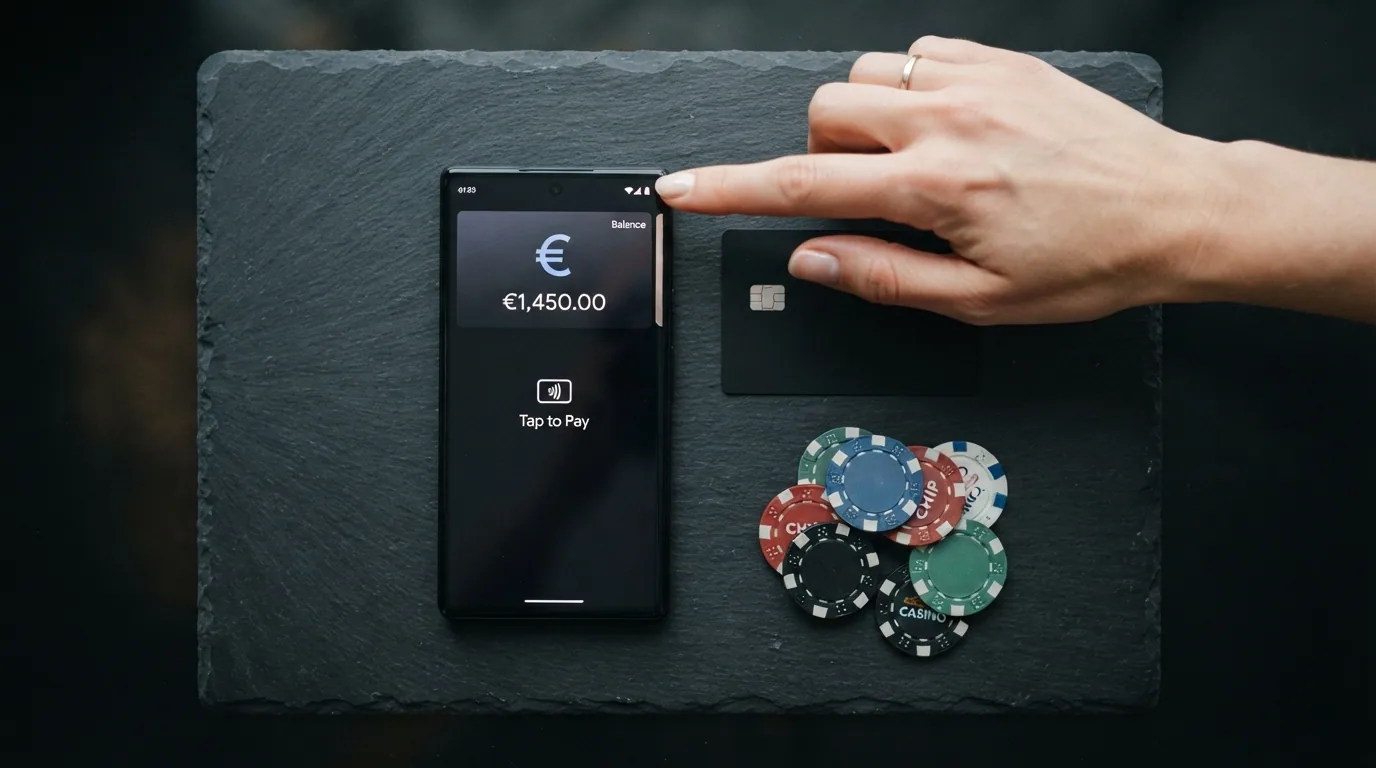 Cartera digital con tarjetas, monedero electrónico y el símbolo de Bitcoin sobre un fondo de casino online