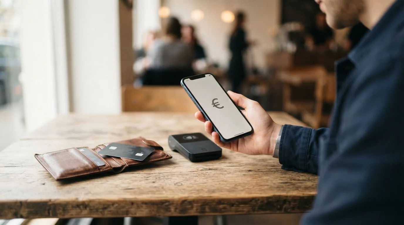 Cartera digital abierta mostrando tarjetas, un monedero electrónico en el móvil y billetes de euro junto a una pantalla con el símbolo de verificación KYC