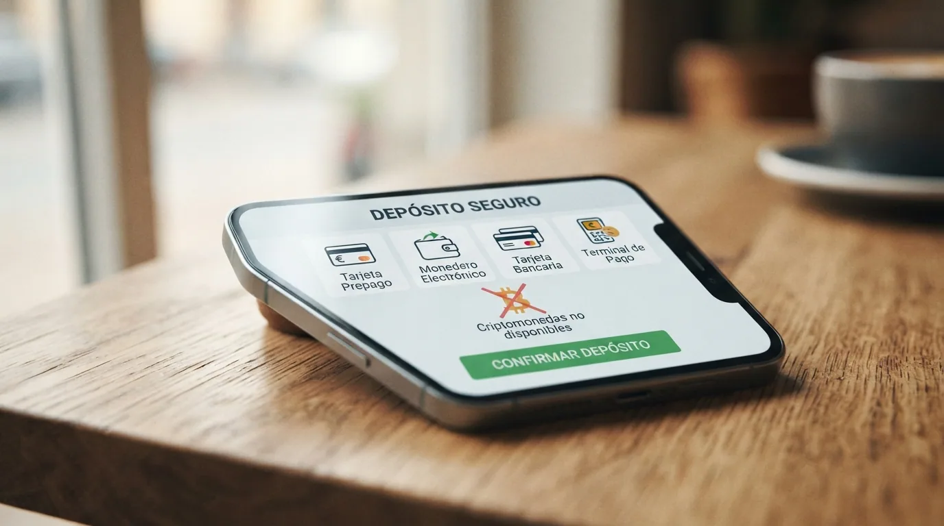 Un móvil mostrando la pantalla de depósito de un casino con los iconos de Bizum, PayPal, Visa y Paysafecard alineados; el icono de Bitcoin aparece tachado en rojo.