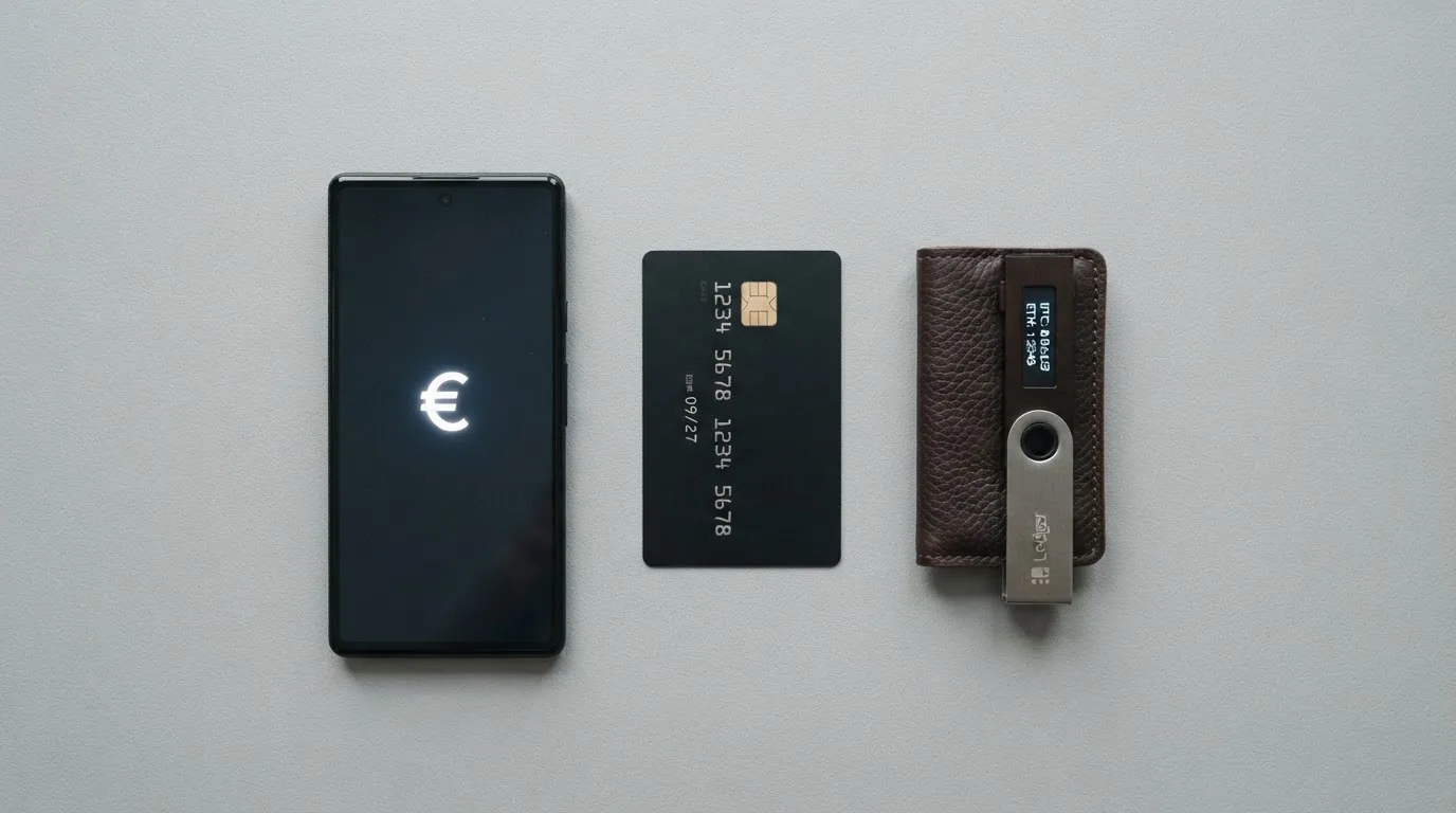 Cartera digital, tarjeta bancaria y monedero físico de criptomonedas alineados como opciones de retirada
