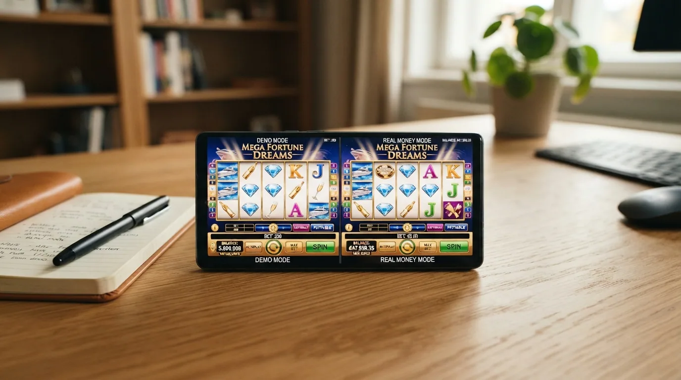 La misma pantalla de slot dividida en dos mitades: a la izquierda con fichas de prueba, a la derecha con saldo en euros