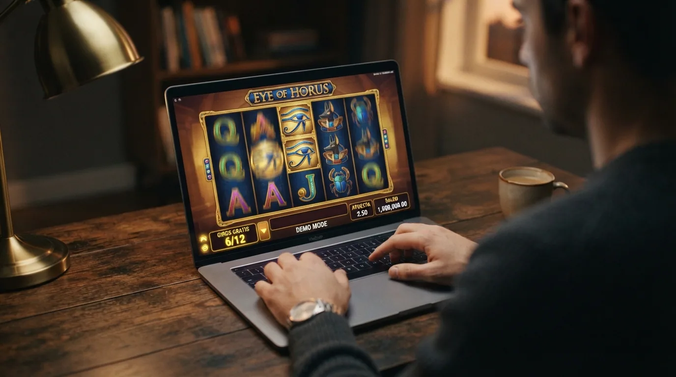 Pantalla del modo demo de Eye of Horus con saldo ficticio, los mismos rodillos y controles que la versión con dinero real