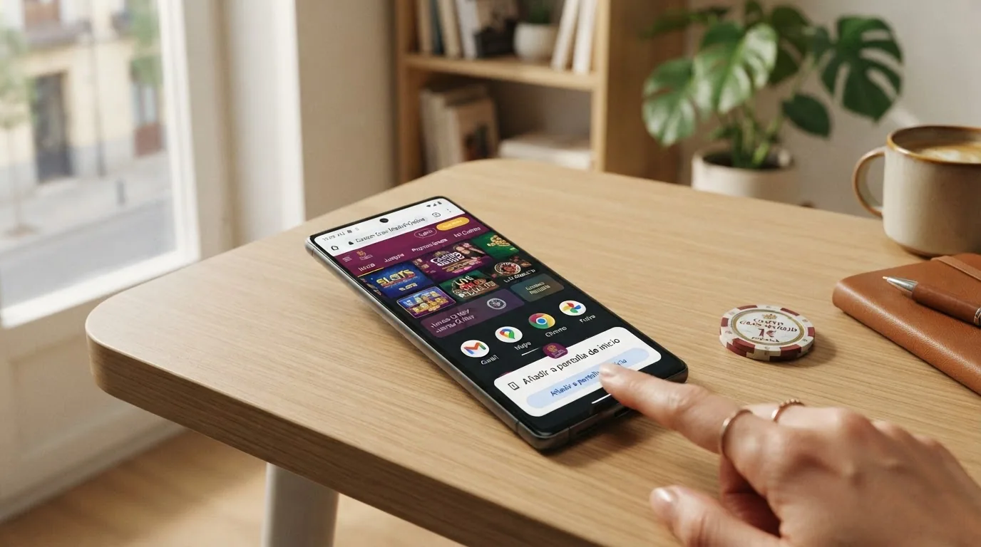 Teléfono Android con un casino online abierto en el navegador Chrome y un icono de acceso directo en la pantalla de inicio