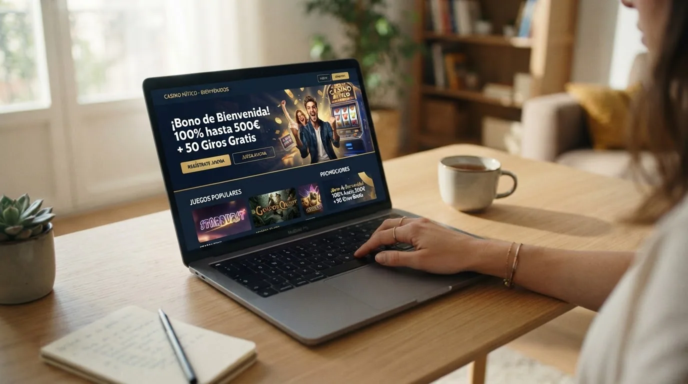 Interfaz moderna de un casino online recién lanzado con diseño llamativo y oferta de bienvenida destacada