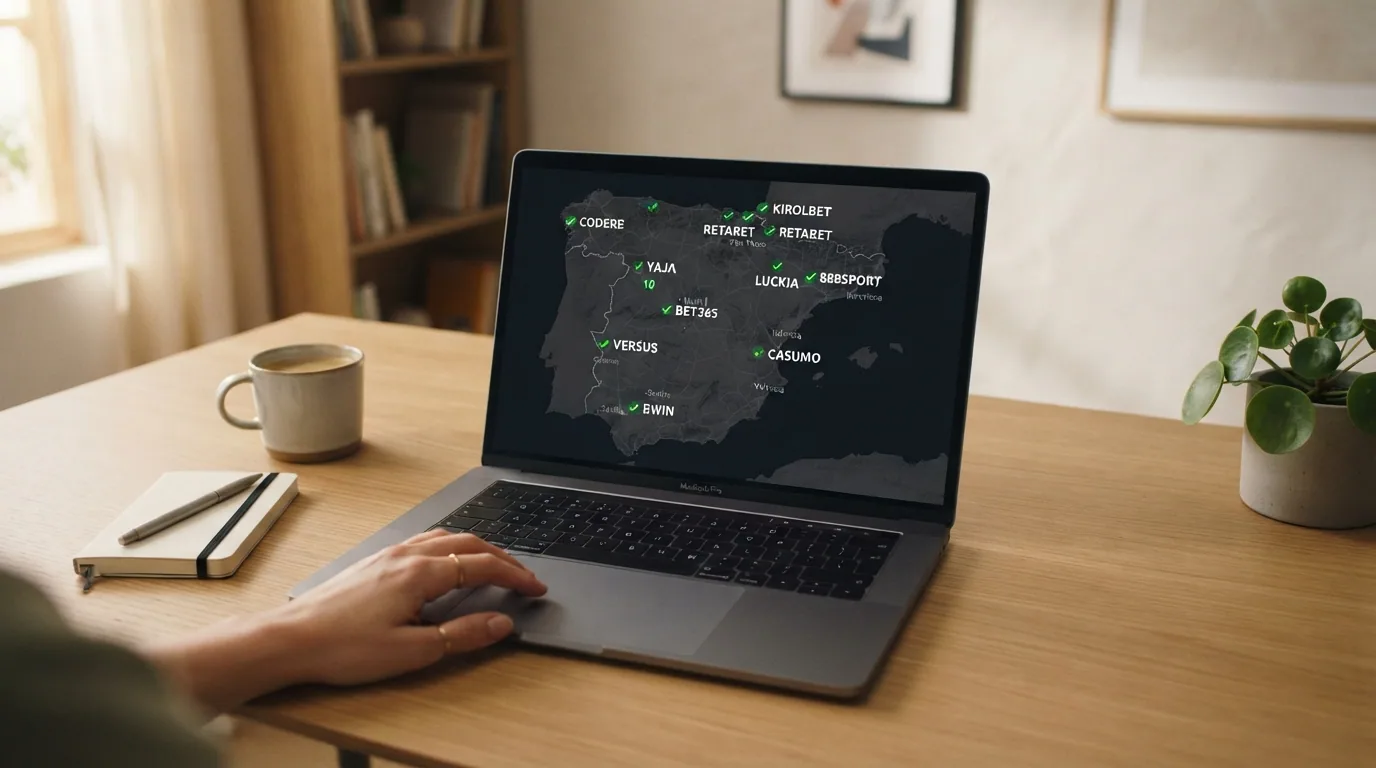 Mapa visual con los logotipos de los diez operadores destacados ordenados sobre una silueta de la península ibérica, cada uno con un marcador de licencia DGOJ verificado.
