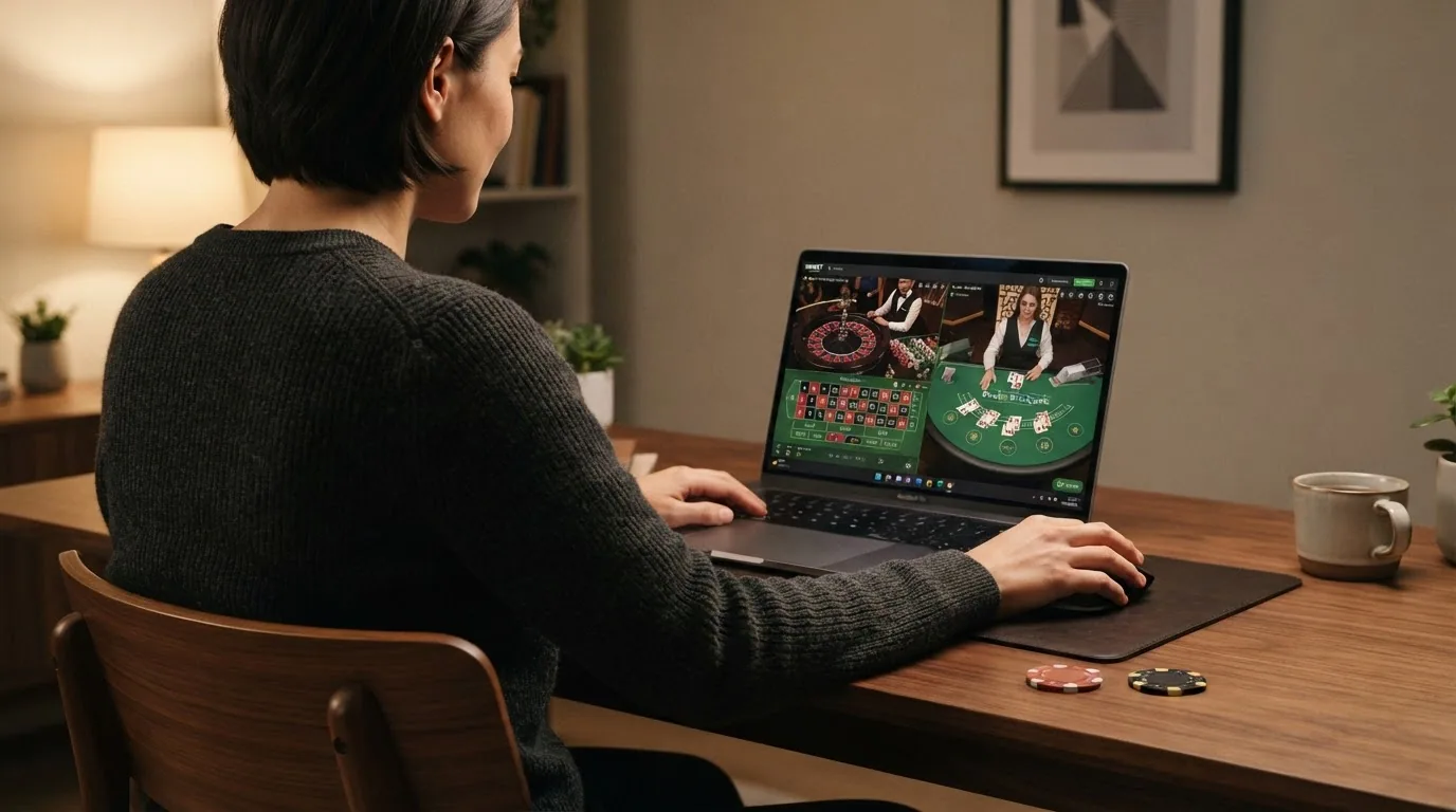 Un jugador ante una pantalla con múltiples mesas de casino abiertas, gestor de cuenta personal en segundo plano y fichas de alto valor en primer término