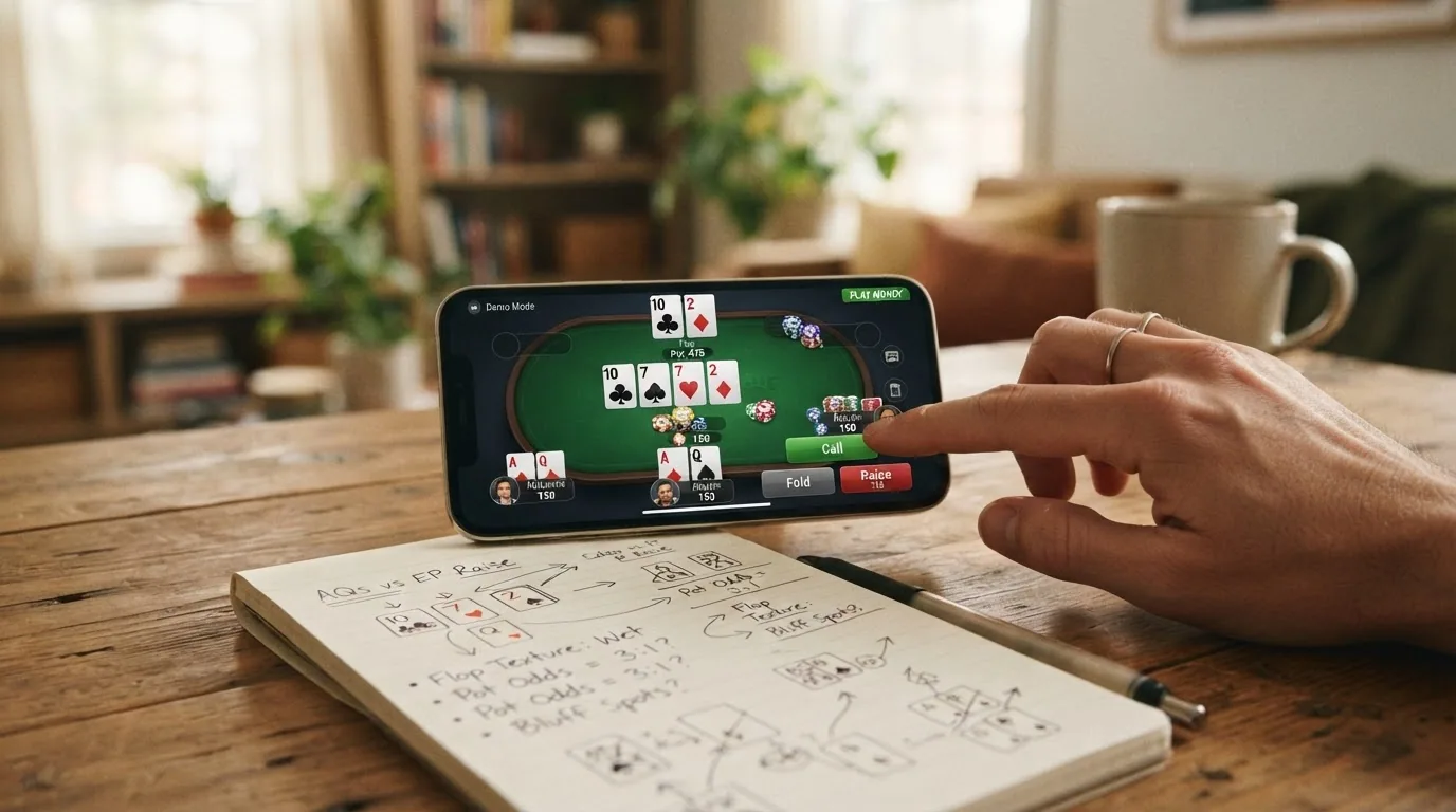 Pantalla de una mesa de poker online en modo demo con fichas virtuales gratuitas y el distintivo de «dinero ficticio» visible en la esquina