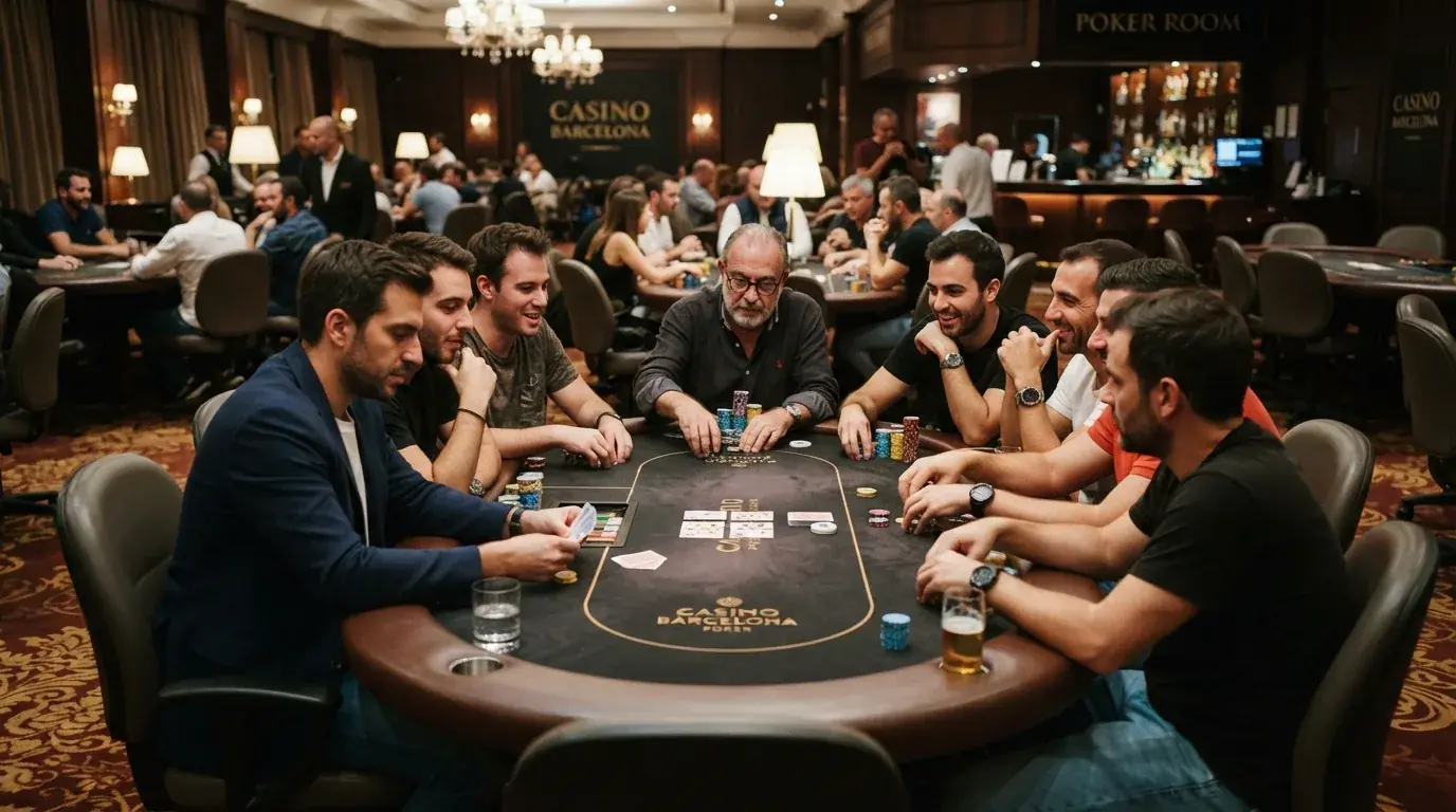 Sala de poker del Casino Barcelona en el Port Olímpic con mesas, fichas y jugadores en partida